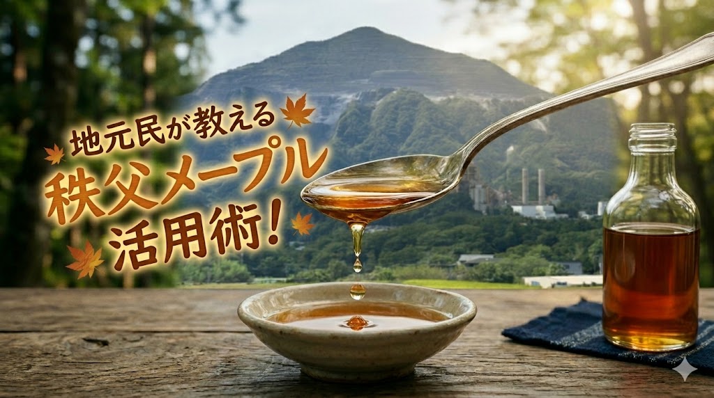 秩父のシンボル・武甲山を背景に、黄金色の和メープルシロップがスプーンからとろりと滴る様子。「地元民が教える秩父メープル活用術！」のキャッチコピー