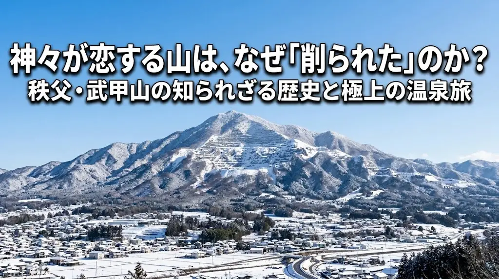 雪化粧をした秩父・武甲山の風景と、山の削られた歴史・極上の温泉旅へ誘うアイキャッチ画像